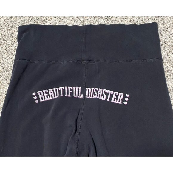BEAUTIFUL DISASTER Black Yoga Wide Leg Pants Flare Big Logo Stretch LARGE - Picture 3 of 4